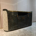 Curved Marble-Top Sideboard with Glossy Wood Veneer & Quilted Leather Accents